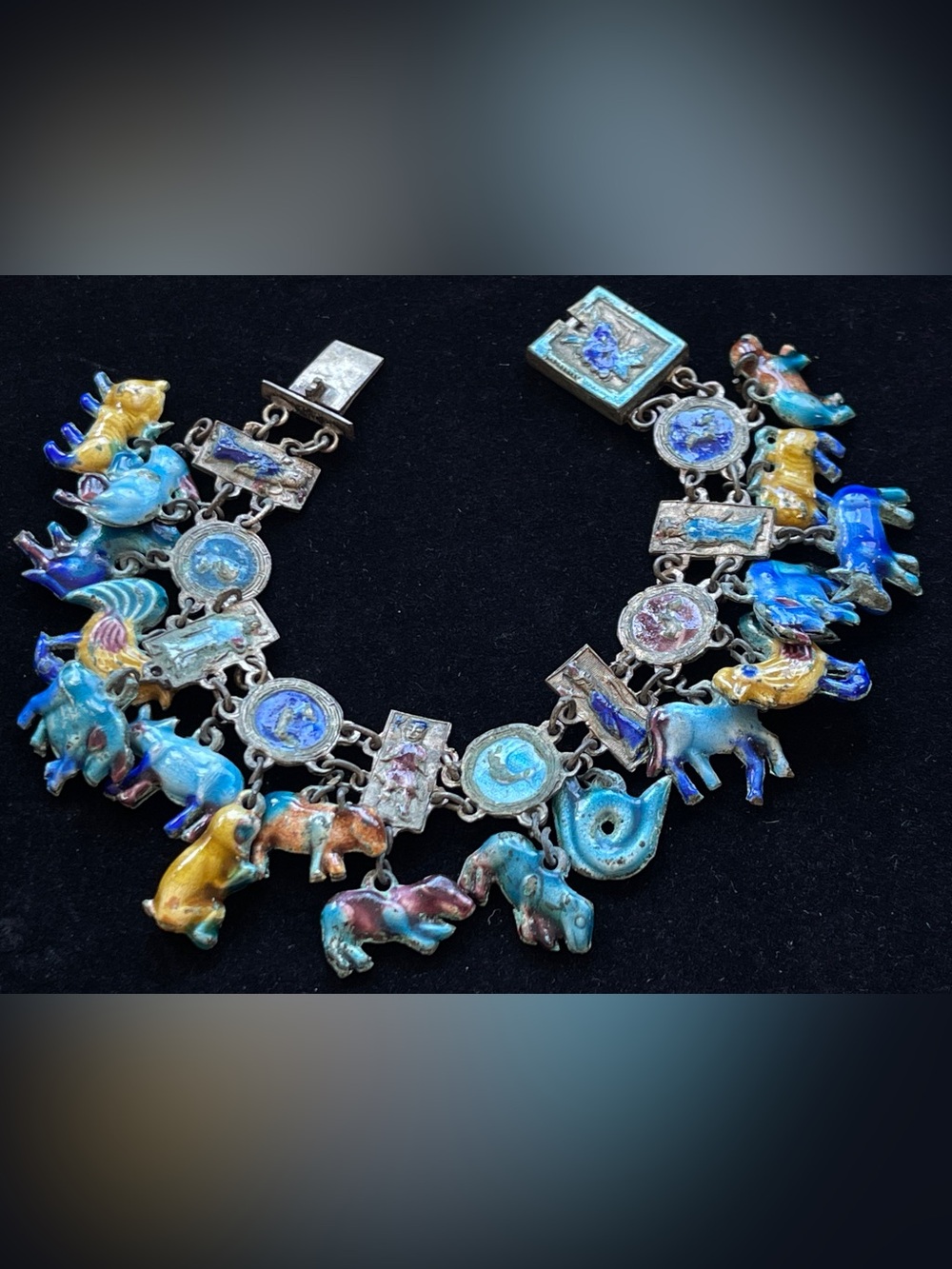 RARE Antique 800 Silver Chinese Zodiac Enamel Animal 17 Charms Bracelet LOADED